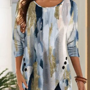 Abstract Crew Neck Buckle Casual T-Shirt, T-shirts, color:Blue|size:XXL, Noracora