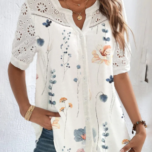 Casual Floral Hollow Out Shirt, Shirts, color:White|size:XXL, Noracora