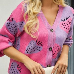 Urban Regular Fit V Neck Fruit Cardigan, Cardigans, color:Rose Red|size:XL, Noracora
