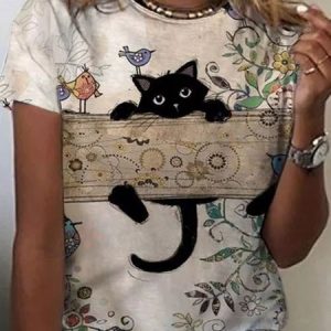 Cat Floral Casual Loose Crew Neck T-Shirt, T-shirts, color:Khaki|size:XXL, Noracora