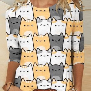 Crew Neck Jersey Cat Casual T-Shirt, T-shirts, color:Color6|size:XXL, Noracora