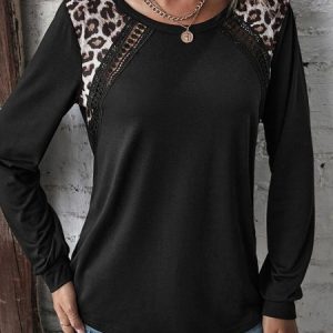 Leopard Casual Crew Neck Patchwork Lace T-Shirt, T-shirts, color:Black|size:XXL, Noracora