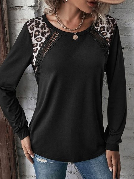 Women's Long Sleeve Tee T-shirt Spring/Fall Color Block Lace Jersey Crew Neck Daily Going Out Casual Top, JustFashionNow T-Shirts, color:Black|size:XXL,