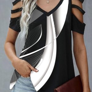 Casual Jersey Cut-Outs Shirt, Blouses, color:Black-white|size:XXL, Noracora