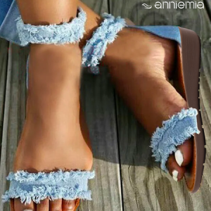 Blue Denim Fringe Strap Casual Sandals, Sandals, color:Blue|size:43, Noracora