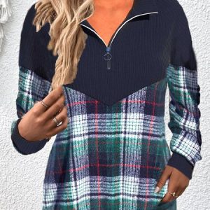Zipper Turtleneck Casual Plaid Sweatshirt, Hoodies & Sweatshirts, color:Blue|size:XXL, Noracora