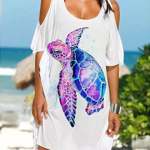 Scoop Neck Vacation Marine Life Printed Coverup, Coverups, color:White|size:XXL, Noracora