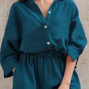 Casual Loose Shirt Collar Cotton Two-Piece Set, Sets, color:Lake Blue|size:3XL, Noracora