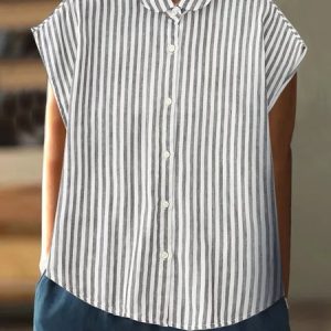 Cotton Shirt Collar Loose Casual Blouse, Shirts, color:Stripe|size:L, Noracora