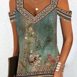 Hollow Out Casual Floral Printed V Neck Blouses, Blouses, color:Green|size:XXL, Noracora