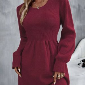Casual Crew Neck Wool/Knitting Plain Sweater Dress, Short, color:Wine Red|size:L, Noracora