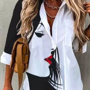 Loose Printed Shirt Collar Casual Tunic Shirt, Shirts, color:White|size:XXL, Noracora