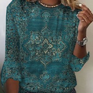 Ethnic Floral Flared Sleeve Loose T-Shirt, T-shirts, color:Green|size:XXL, Noracora