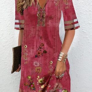 Casual V Neck Floral Loose Dress, Midi, color:Red|size:XXL, Noracora