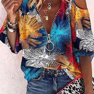 Casual Abstract V Neck Cut-Outs Shirt, Blouses, color:Multicolor|size:XXL, Noracora