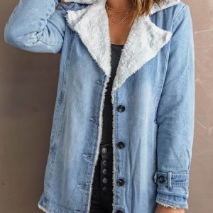 Buckle Casual Plain Denim Jacket, Coats, color:Blue|size:XXL, Noracora