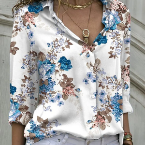 Floral Casual Vacation Regular Fit Cotton Blends Long Sleeve Blouse, Shirts, color:White|size:3XL, Noracora