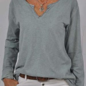 Casual Cotton-Blend Solid Top, Blouses, color:Gray Green|size:3XL, Noracora