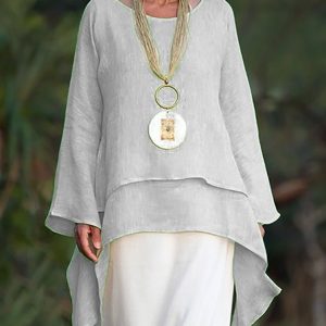 Casual Long Sleeve Crew Neck Blouse, Tops, color:Light Gray|size:3XL, Noracora