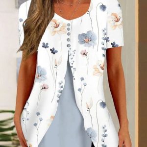 Split Joint Floral Printed Casual Jersey Blouses, Blouses, color:White|size:XXL, Noracora