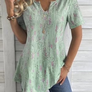 Random Print Notched Loose Casual Shirt, Blouses, color:Lightgreen|size:XXL, Noracora