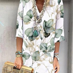 Casual Leaf Loose V Neck Dress, Short, color:White|size:XXL, catalog Noracora shop
