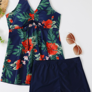 Casual V Neck Floral Tankini, Tankinis, color:Green|size:XXL, Noracora