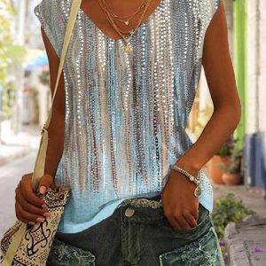 Striped Casual Loose V Neck Cap Cleeve T-Shirt, T-shirts, color:Multicolor|size:XXL, Noracora