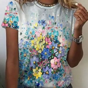Floral Printed Loose Casual Crew Neck T-Shirt, T-shirts, color:Multicolor|size:3XL, Noracora