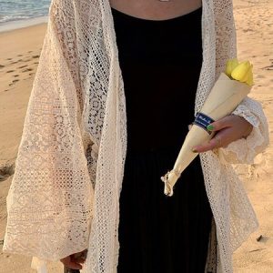 Lace-Up Vacation Knitted Plain Kimono, Kimono, color:Apricot|size:XXL, Noracora
