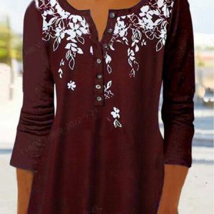 Casual Floral V Neck Tunic T-Shirt, Blouses, color:Red|size:XXL, Noracora