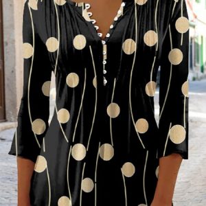 Polka Dots Geometric Buckle Notched Casual Tunic Blouse, Blouses, color:Black|size:XXL, Noracora
