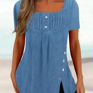 Denim Plain Casual Short Sleeve Blouse, Blouses, color:Blue|size:XXL, Noracora