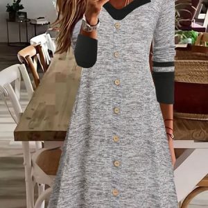 Buckle Casual Color Block Jersey Dress, Short, color:Black-grey|size:XXL, Noracora