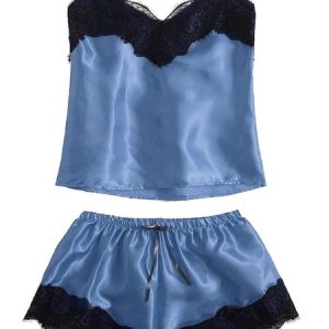 Casual V Neck Plain Lace Pajama Set, Pajamas, color:Navy Blue|size:XXL, Noracora