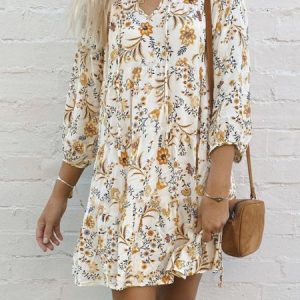 Floral Loose Boho Long sleeve Woven Dress, Short, color:Light Yellow|size:3XL, Noracora