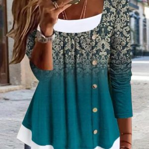 Casual Crew Neck Tunic Top, Blouses, color:Blue|size:XXL, Noracora