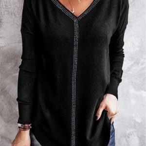Casual Jersey V neck Hot Drilling Plain T-Shirt Tunic, Blouses, color:Black|size:XXL, Noracora