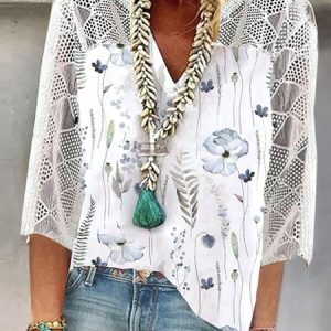 Floral Casual Notched Shirt, Blouses, color:White|size:XXL, Noracora