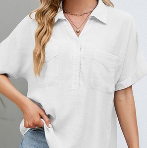Plain Short Sleeve Buckle Pockets Casual Tunic Shirt, Blouses, color:White|size:XXL, Noracora