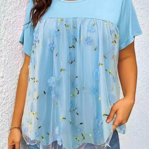 Crew Neck Floral Mesh Casual Tunic Shirt, TOPS, color:Light Blue|size:4X, Noracora