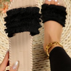 Vacation Fringe Beach Strap Slippers, Slippers, color:Black|size:43, Noracora