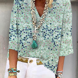 Casual V Neck Floral Loose Shirt, Blouses, color:Green|size:XXL, Noracora