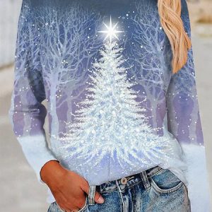 Christmas Tree Long Sleeve Crew Neck Casual T-Shirt, T-shirts, color:white-blue|size:XXL, Noracora