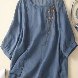 Embroidery Floral Leaf Buckle Crew Neck Casual Shirt, Blouses, color:Blue|size:XXL, Noracora