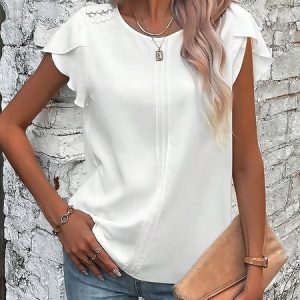 Plain Lace Edge Flouncing Short Sleeve Crew Neck Casual Tunic Shirt, Blouses, color:White|size:XXL, Noracora