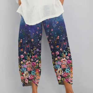Floral  Shift  Printed  Polyester Vintage  Summer  Blue Pants, Pants, color:Blue|size:3XL, Noracora