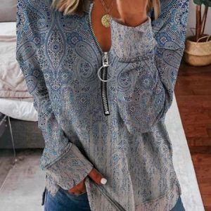 Casual Abstract Long Sleeve V Neck Printed Top Tunic Sweatshirt, Hoodies & Sweatshirts, color:Multicolor|size:XXL, Noracora