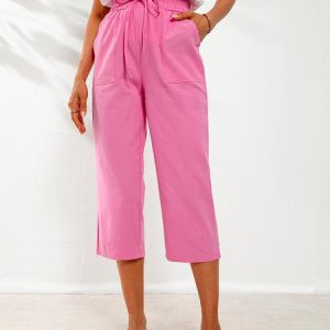 Women Casual Solid Drawstring Capri Pant With Pockets, Pants, color:Fuchsia|size:3XL, Noracora