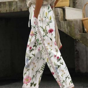 Casual Floral Lace Lace Pants, Pants, color:White|size:XXL, Noracora